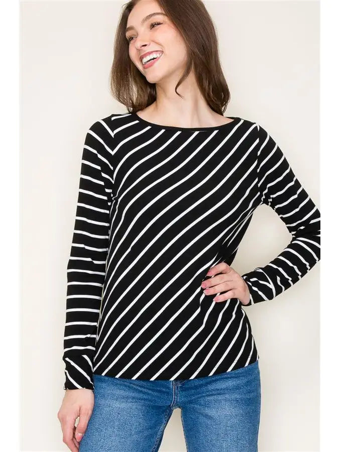 black stripe boat neck long sleeve top
