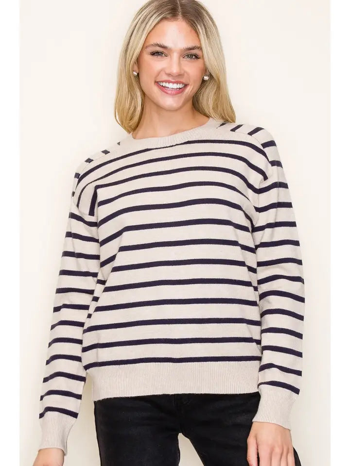 black stripe crew neck sweater