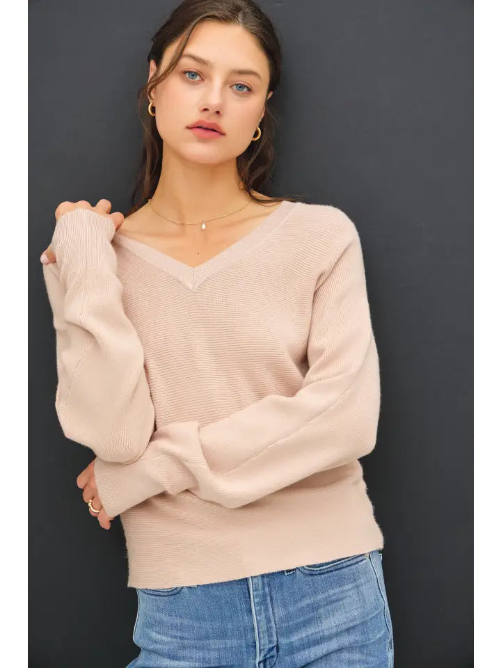 blush vneck long sleeve sweater