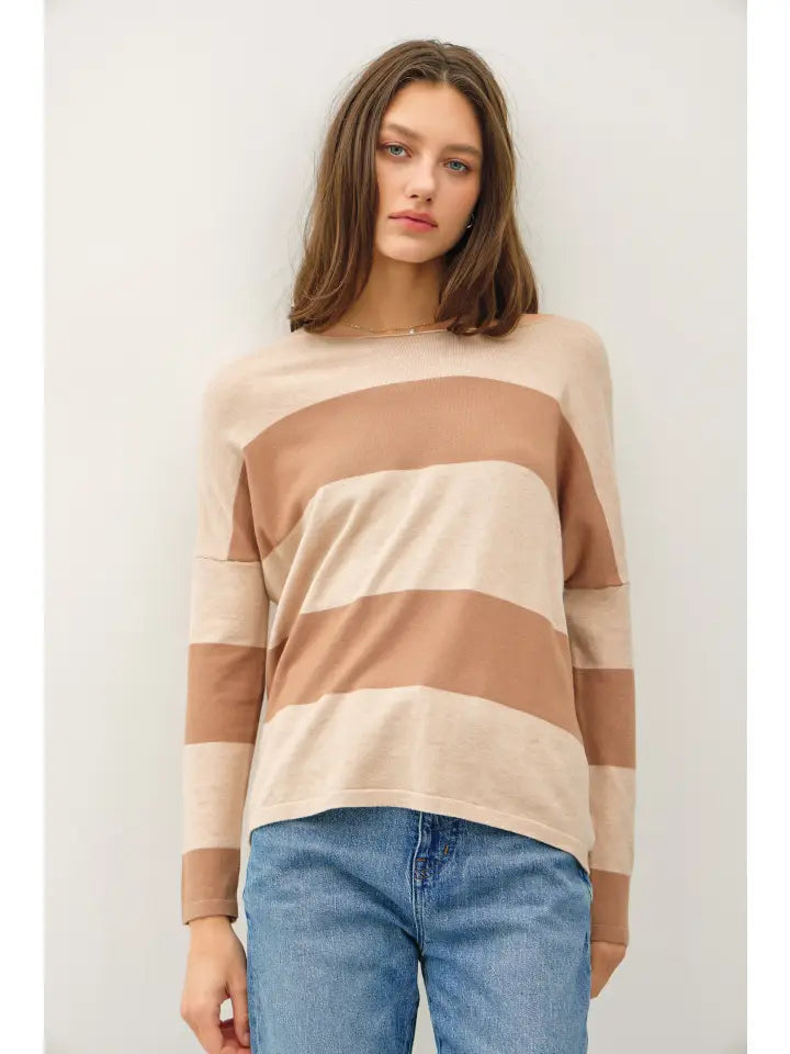 brown taupe stripe boxy long sleeve top