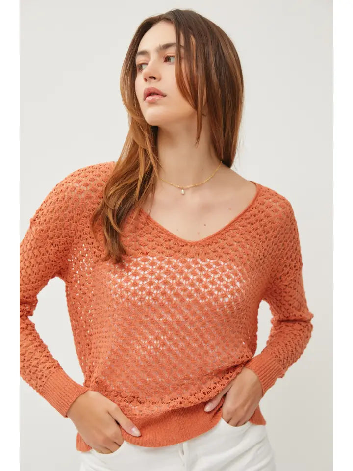 orange crochet v-neck lightweight sweater