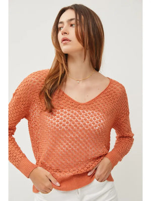 Crochet V-neck Orange Sweater