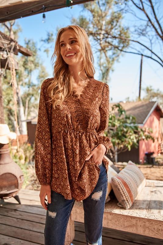 Brown Floral V-neck Top