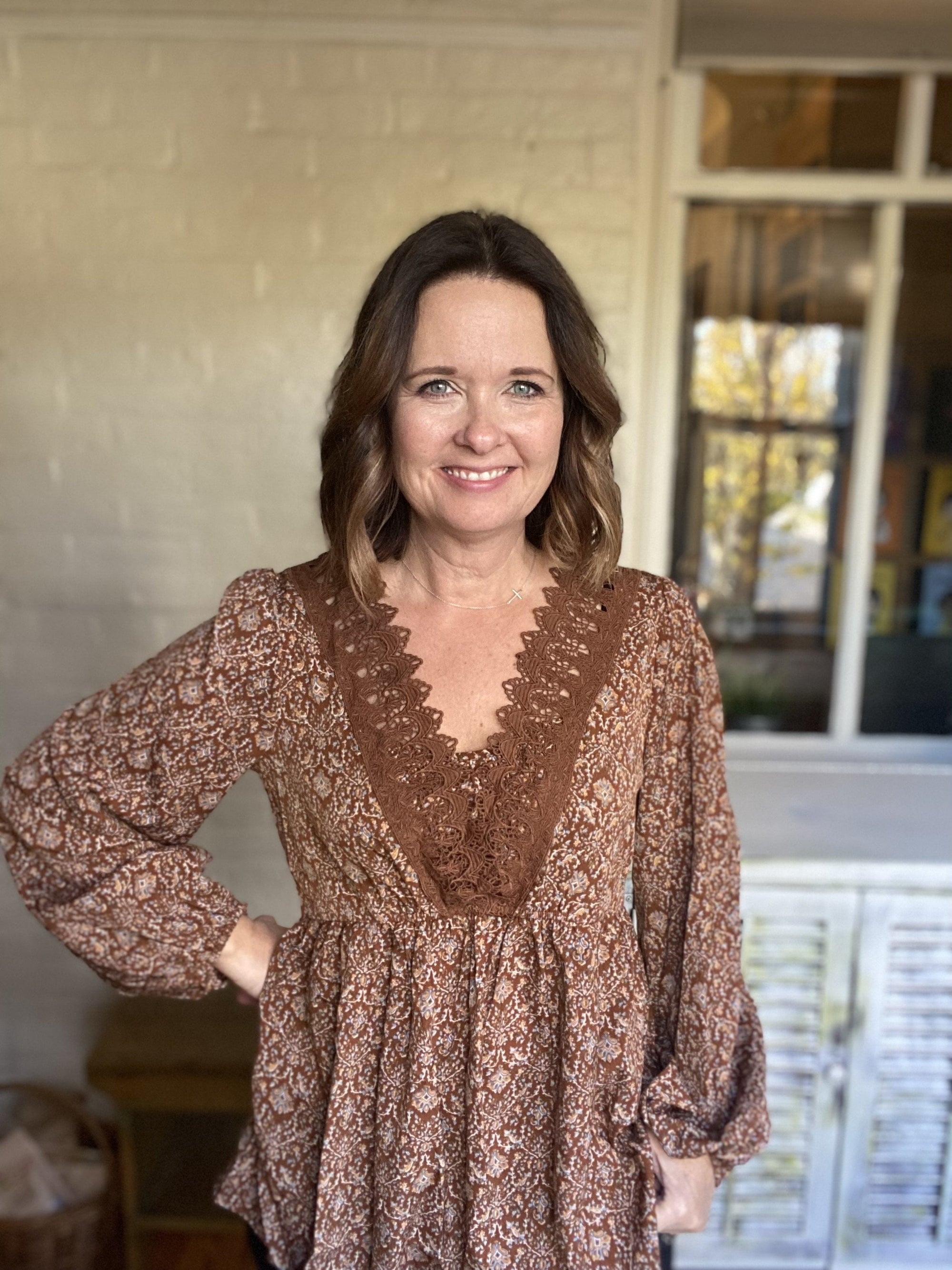 Brown Floral V-neck Top